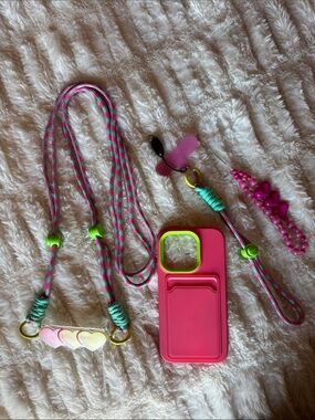 Pink Silicone Camera-Style Phone Case with Neon Accents and Matching Straps